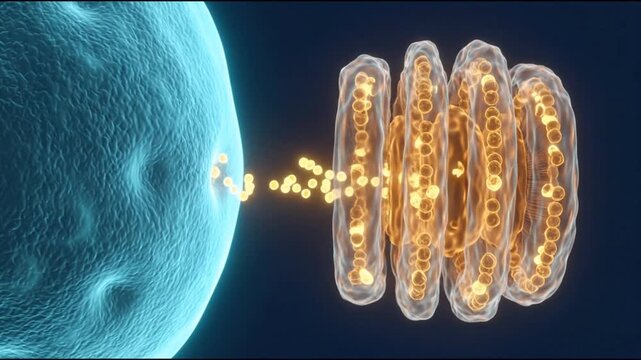 3D medical animation showing the microscopic transport of protein vesicles from the Golgi apparatus within a biological cell.