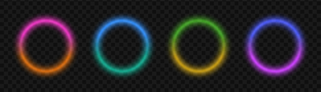 Set of colorful neon glowing circle frames. Abstract radiant light rings on transparent background