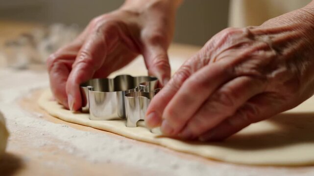 Hands lower a shaped metal cutter onto rolled dough on a flour-dusted wooden work surface, carefully aligning the tool before pressing it into the smooth pastry sheet