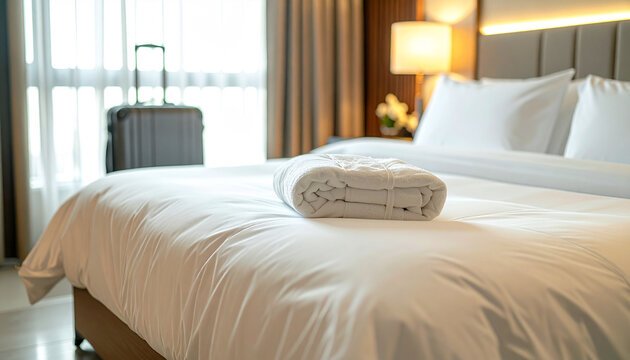 Luxury Hotel Room: A neatly made bed with crisp white linens and a folded towel awaits weary travelers in a well-appointed hotel room, with a suitcase standing by the window.
