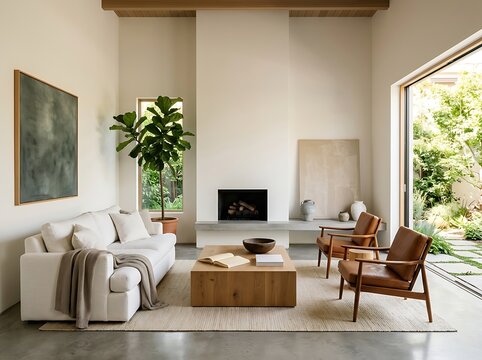 Minimalist living room interior features elegant white sofa natural wood coffee table and brown leather armchairs in warm earth tones for comfortable home decor.