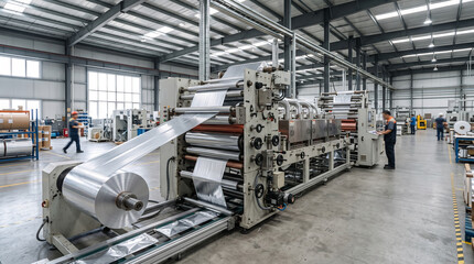 Fototapeta premium Industrial machine processing metallic film in a modern manufacturing facility