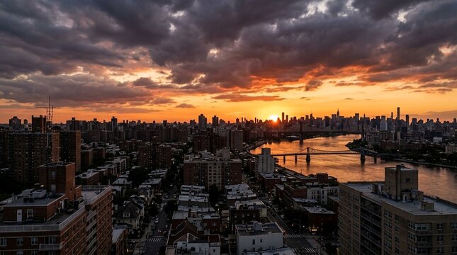 Dramatic Sunset Over City Skyline and River
