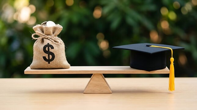 Burlap money bag and black graduation mortarboard cap balancing on wooden seesaw scale depicting high financial expenses and tuition cost of higher education.