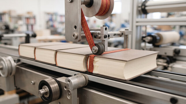 Book binding machine applying ribbon to thick hardcover books on conveyor