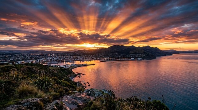 Dramatic sunset over coastal city with crepuscular rays and ocean reflection