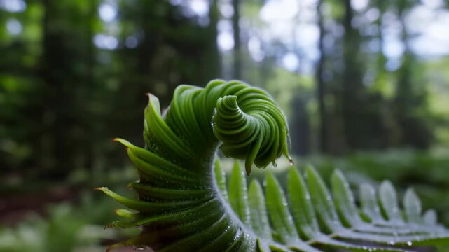 Curled green fern frond gradually unfurls and opens beside wet leaves in a shaded forest, revealing layered leaflets while soft woodland light glows through blurred trees