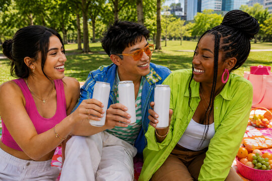 Diverse friends toasting blank beverage cans at colorful picnic