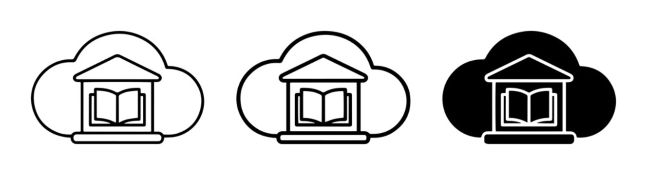 Cloud Library Icons, Digital Archive Symbols, Online Education Concepts, Vector Graphics