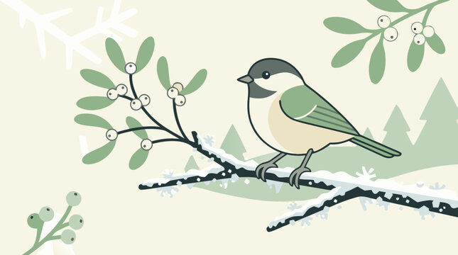 Minimalist vector illustration of a small bird perched on a snow-covered twig with mistletoe sprig, soft green and cream flat colors, winter holiday nature scene with decorative snowflakes