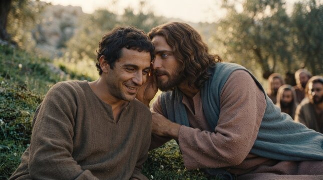 Jesus talking with disciple in garden. Son of god whispering to smiling man surrounded by apostles. Biblical scene of faith, friendship and divine teaching in olive grove.