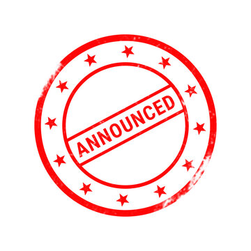Red announced rubber stamp, vintage grunge circular ink seal, distressed star emblem icon isolated on white background