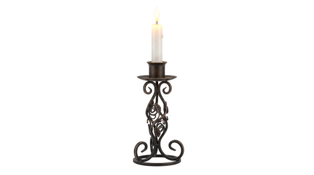 Vintage wrought iron candlestick with burning white candle, ornate metal candle holder, rustic home decor accessory isolated PNG with Transparent Background
