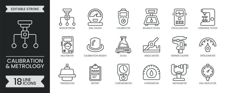 Calibration and metrology line icon set. Includes precision, gauge, caliper, micrometer, multimeter and tester. Measurement outline icons collection. Editable stroke vector illustration symbols pack