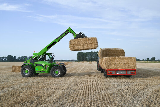 a farmer is loading a wagon with big square bales with a telehandler at a field in the countryside in summer