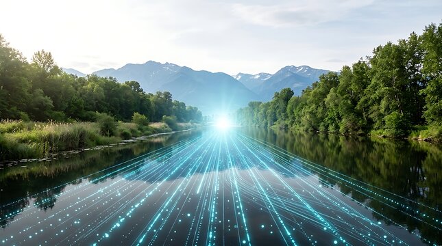 Abstract digital laser light rays reflecting over calm river water flowing through lush green forest with majestic mountains in background representing flow of big data.