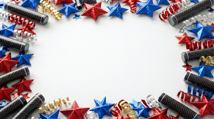 Obraz premium Red and blue stars with party confetti border for celebrations and patriotic holidays