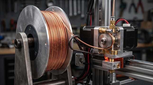 3D printer extruder mechanism feeding copper filament from large spool