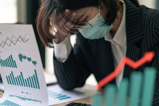 Stressed businesswoman wearing a protective face mask sitting at desk with financial charts