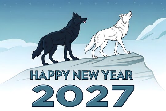 Happy New Year 2027 illustration with black and white wolves on rock