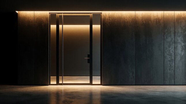 Modern glass door with black metal frame opens to empty dark room. Sleek architectural entrance features concrete walls, warm ambient lighting. Minimalist interior design shows luxury office home