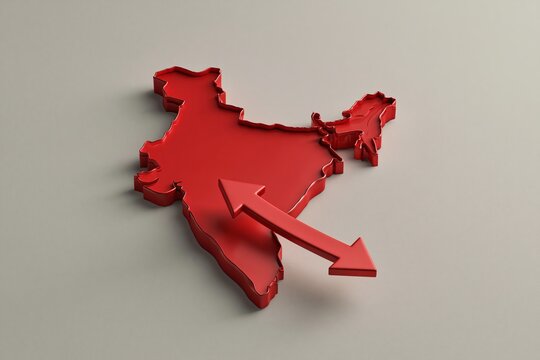 3d rendered map of india in red with a double headed arrow indicating growth and movement