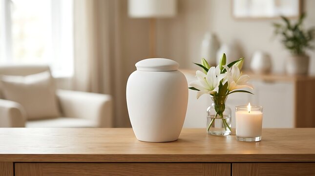 Cremation urn, lilies, and lit candle on wooden table, symbolizing remembrance and memorial services with quiet atmosphere.