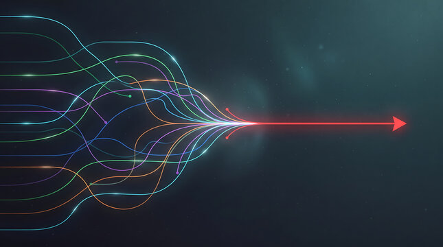 Abstract flow of glowing lines and arrows converging to represent digital strategy, efficiency, and innovation in a dynamic dark space