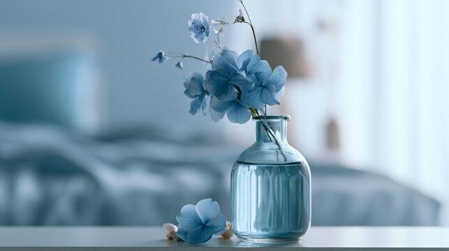 Blue hydrangea flowers in clear glass vase on soft blue interior background