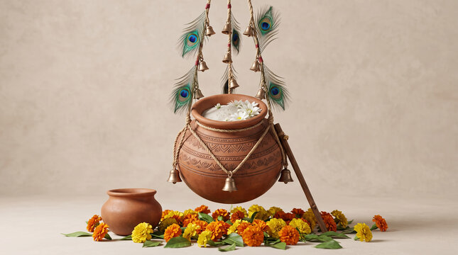 Krishna janmashtami celebration background with hanging dahi handi with peacock feathers marigold