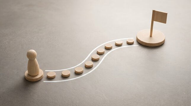 A wooden pawn figure stands at the beginning of a winding path marked by white lines and circular wooden steps, leading towards a flag on a wooden base, symbolizing a journey and goal achievement.