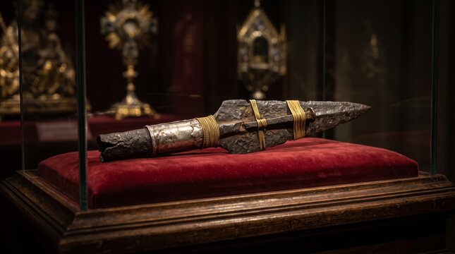 Ancient metal spearhead relic with golden wire binding displayed on red velvet cushion in glass case. Sacred historical artifact in cathedral