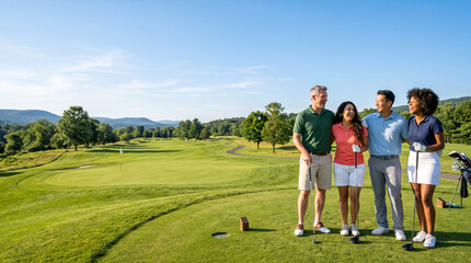 Obraz premium Diverse group of friends laughing on a golf course at sunset