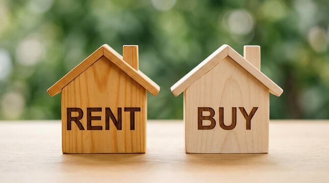 Two wooden house models, one labeled 'RENT' and other 'BUY', representing housing choice and real estate decision making.