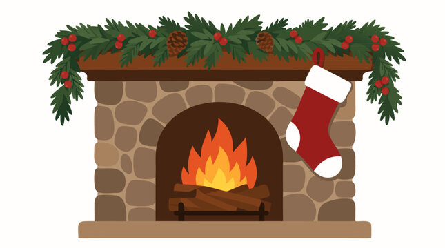 Christmas fireplace with stone mantel, festive green garland with pinecones and berries, single red stocking, warm fire burning, flat vector illustration for holiday decoration