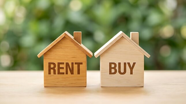 Close up of wooden house blocks engraved with rent and buy on desk representing real estate financial decision making against soft green leafy background.
