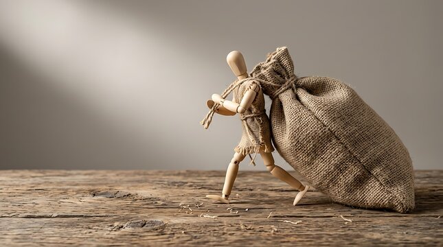 Wooden puppet man struggling to drag heavy burlap sack full of money symbolizing debt burden or hard work for financial gain.
