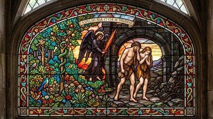 Fototapeta premium Stained glass window depicting expulsion of Adam and Eve from paradise by angel with flaming sword. Biblical scene in gothic church