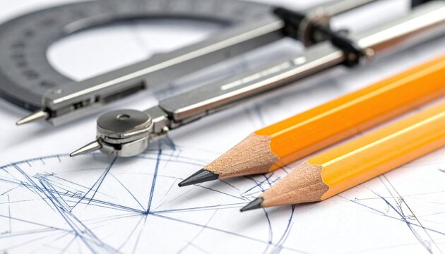 Metal protractor and yellow pencils on architectural blueprint for technical drawing