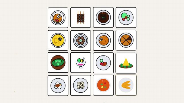 Animated set of sixteen colorful vector food icons arranged in a grid pattern.