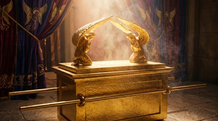 Fototapeta premium Golden ark of the covenant with two kneeling angel figures on top in sacred temple interior. Divine light and smoke, religious relic and biblical history concept for christian faith, spirituality and