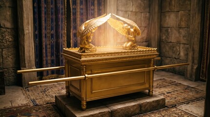 Fototapeta premium Golden ark of covenant with two angel figures inside ancient temple. Biblical sacred relic with divine light in stone sanctuary. Religious history, faith and old testament concept.
