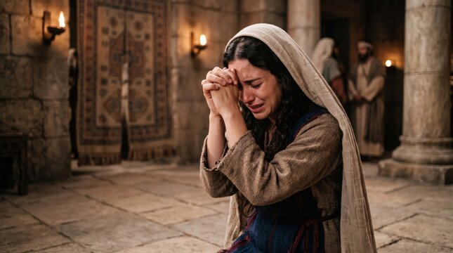 Crying biblical woman praying with clasped hands in ancient stone temple. Weeping woman in traditional robe and veil asking God for help and