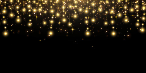 Obraz premium Christmas light bulbs with sparkling dust particles. Vector glowing garlands string illustration isolated on png. New Year's party lights, holiday decorations. Winter holiday season element. 