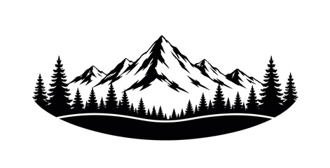 Obraz premium Oval emblem featuring a stylized mountain range with pine trees
