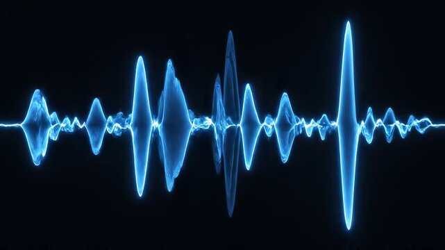 Blue sound wave visualization growing and pulsing in darkness with subtle light flares for audio spectrum analysis
