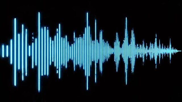 Blue sound waves oscillating with varying amplitude against a black background representing audio analysis