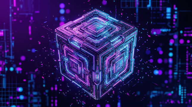 Futuristic neon glowing cube with intricate circuitry patterns floating in dark digital matrix space for technology background.