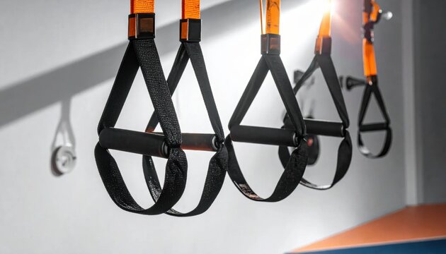 Orange and Black Suspension Training Straps Hanging in a Modern Fitness Gym