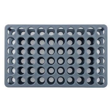 Empty grey plastic laboratory rack with multiple circular holes for test tubes.  on a transparent background.